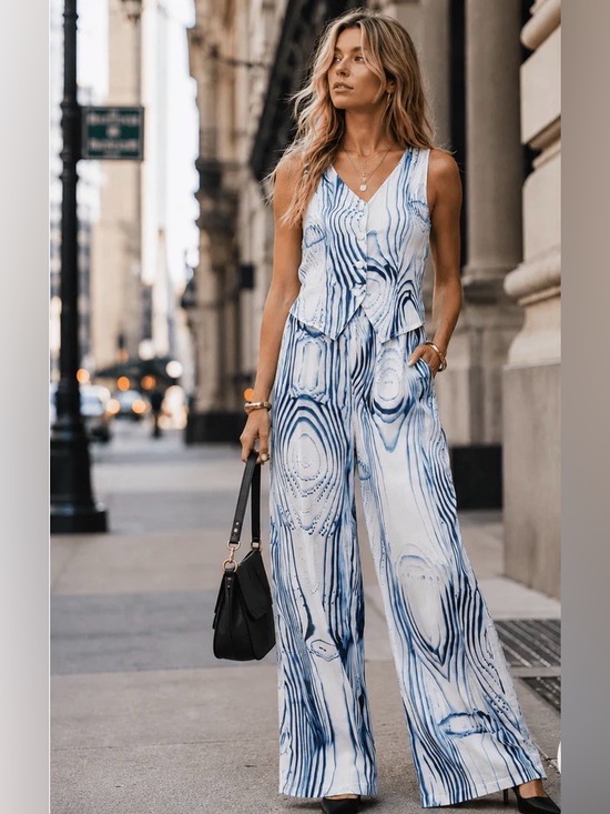Pants - 0238. Sleeveless Vest Blue Marble Wide-Leg Pant Set